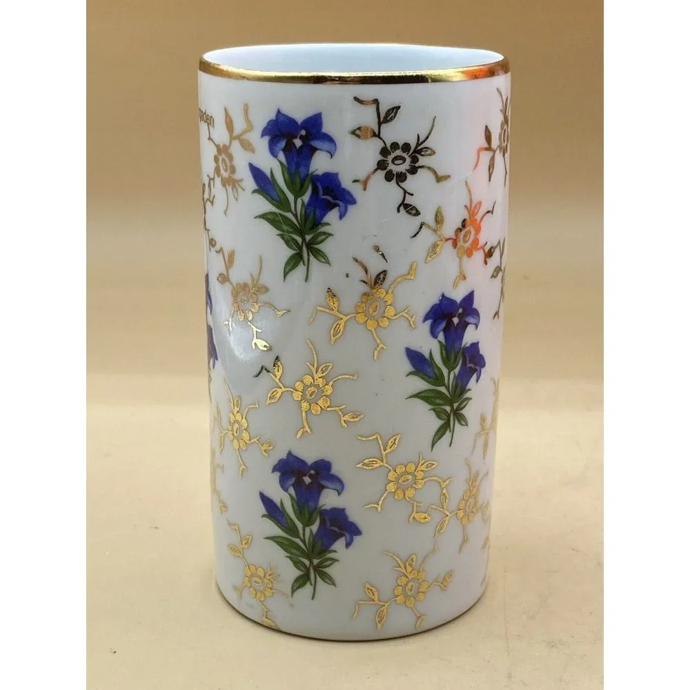 Berchtesgaden Ceramic Vase by KS Bavaria Flowers & Gold Paint